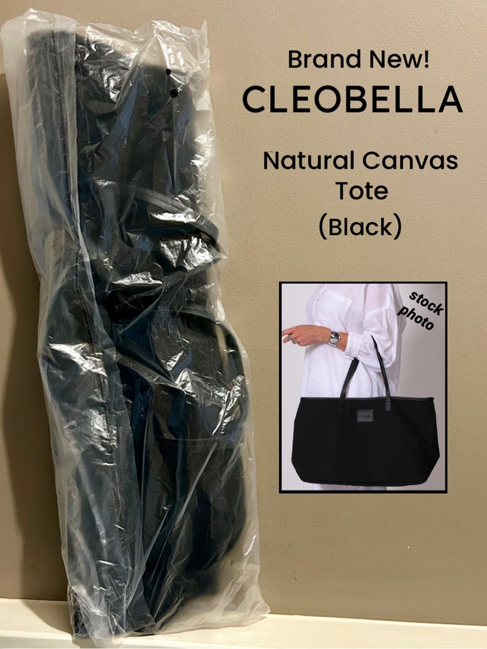NWT Black CLEOBELLA Natural Canvas Tote Bag